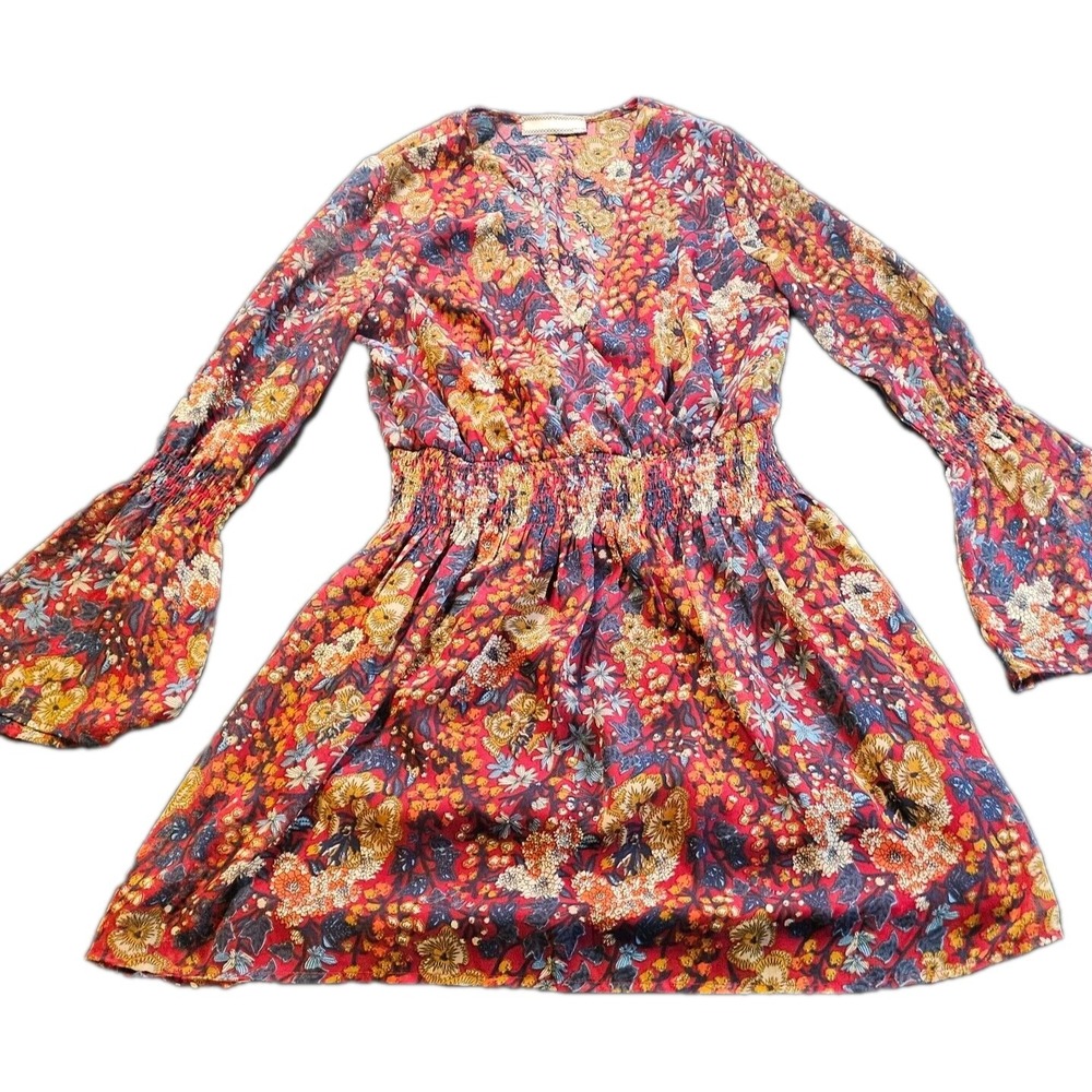 Lizard Thicket Addie Floral Chiffon Midi Dress Burgundy Navy Boho M D9051